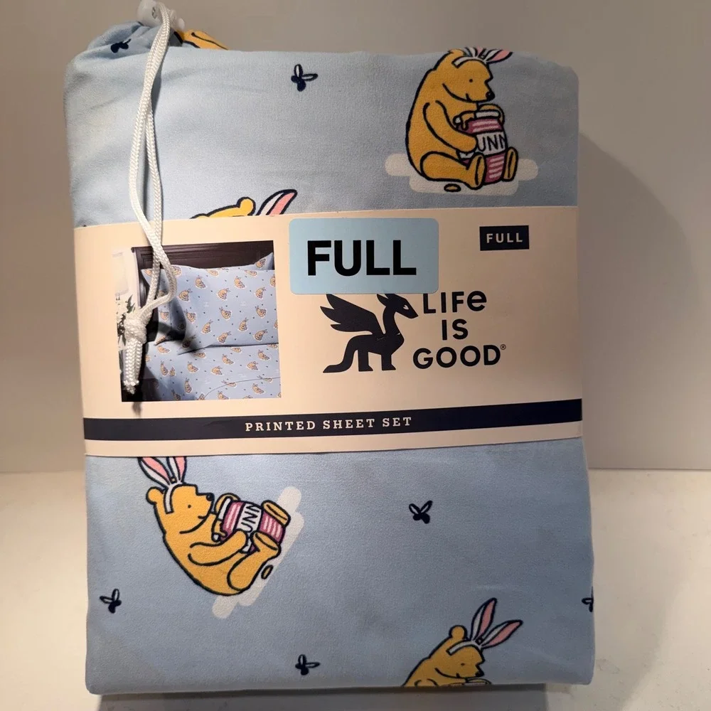 Life Is Good Winnie The Pooh Full Size 4 Pc Printed Bed Sheet Set Unisex Blue